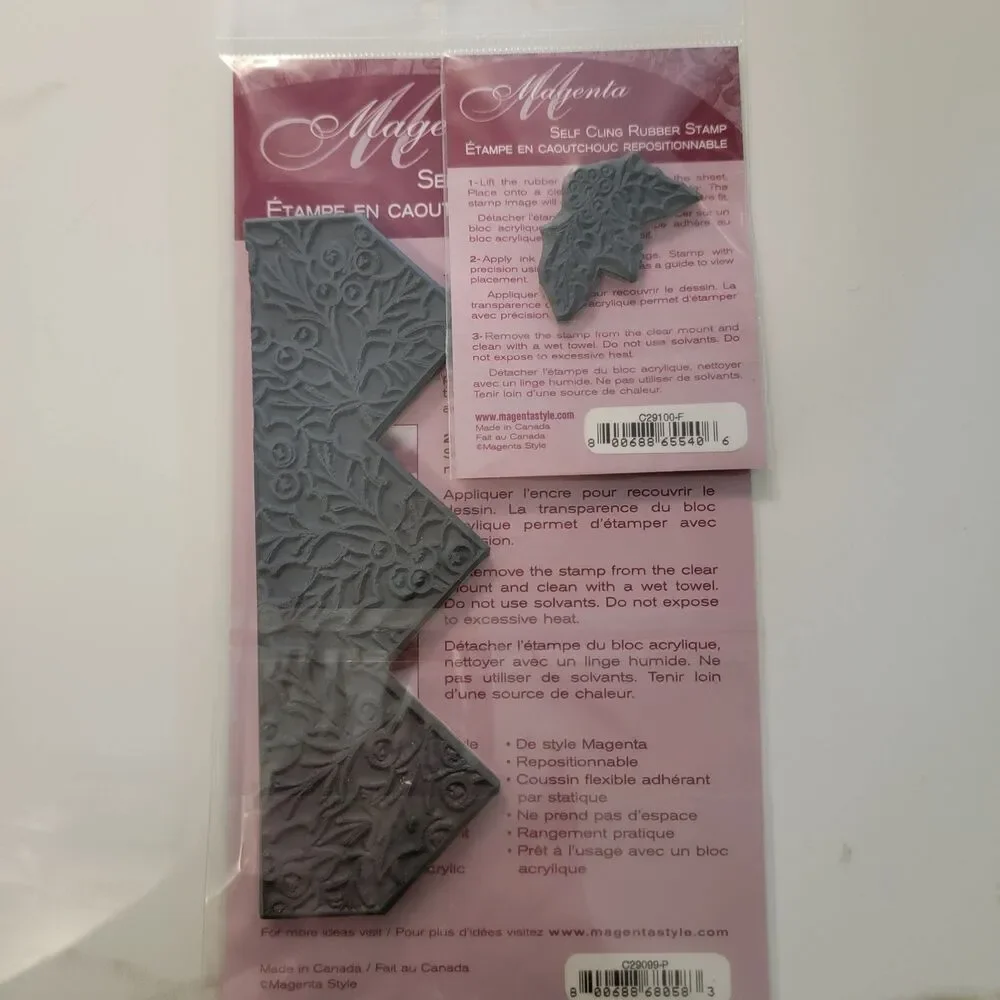 Magenta Self Cling Rubber Stamp Holiday Holly Berries & Leaves Lot of 2